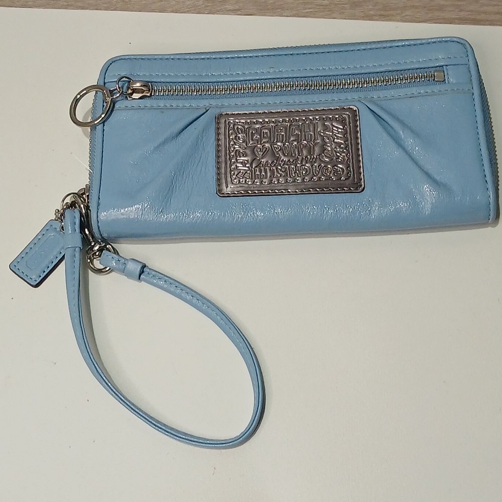 Coach Poppy Blue Leather Wristlet Wallet